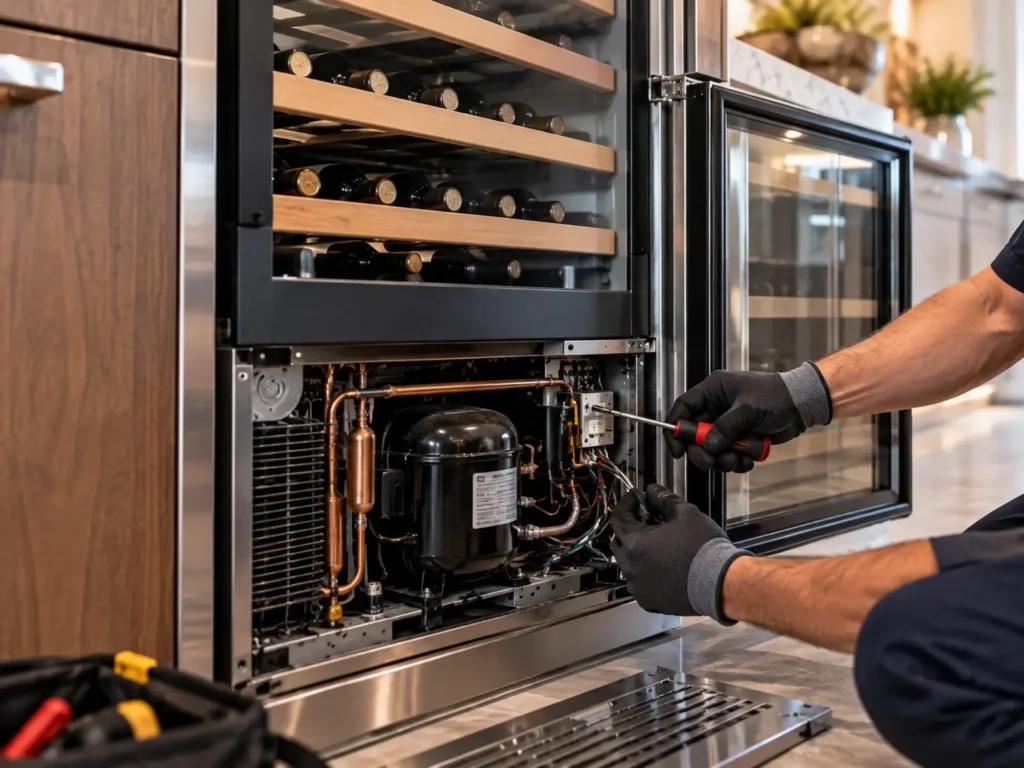 Technician repairing a wine refrigeration unit in Pasadena